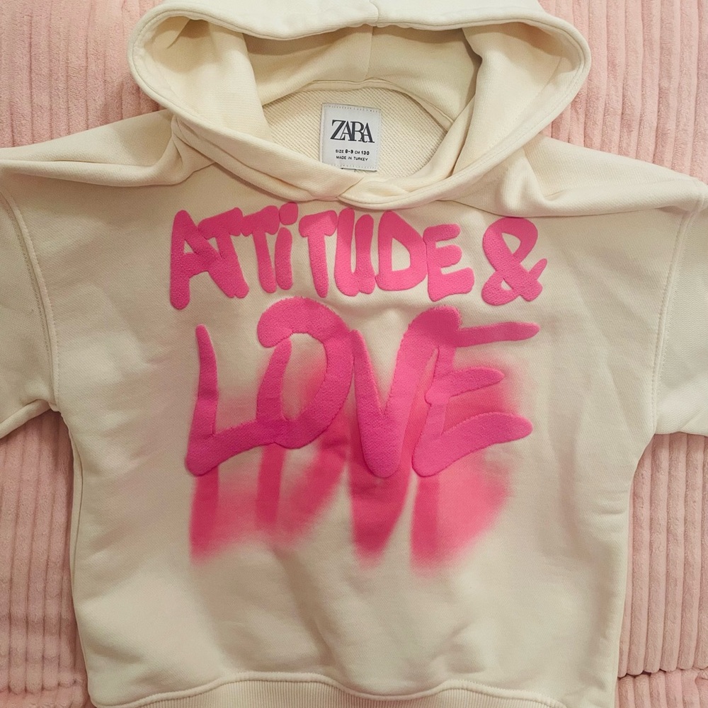 Zara Kids Cream Hoodie with Vibrant Pink Design